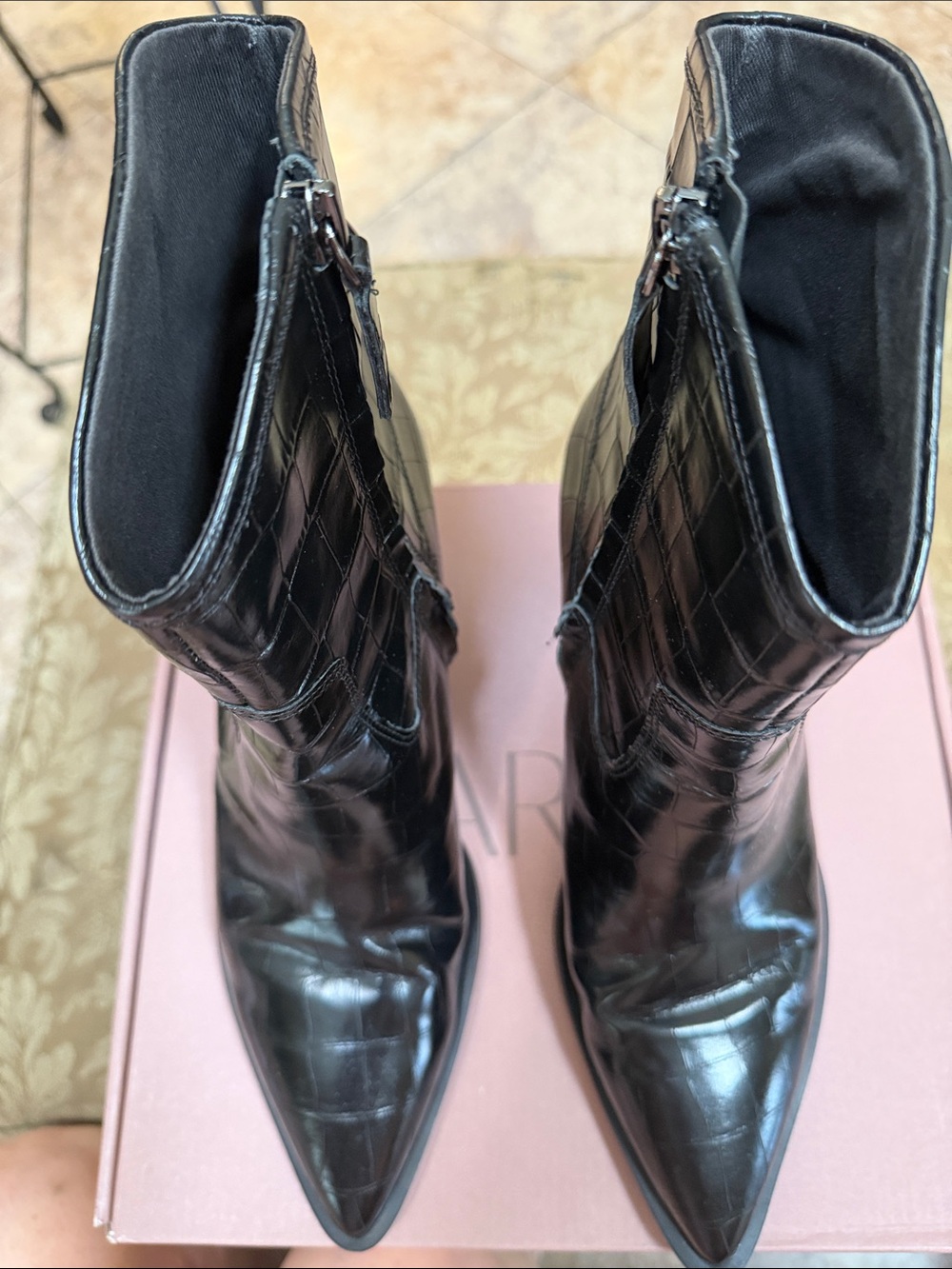 SARTO By Franco Sarto Black Croc-Embossed Pointed Toe Ankle Boots